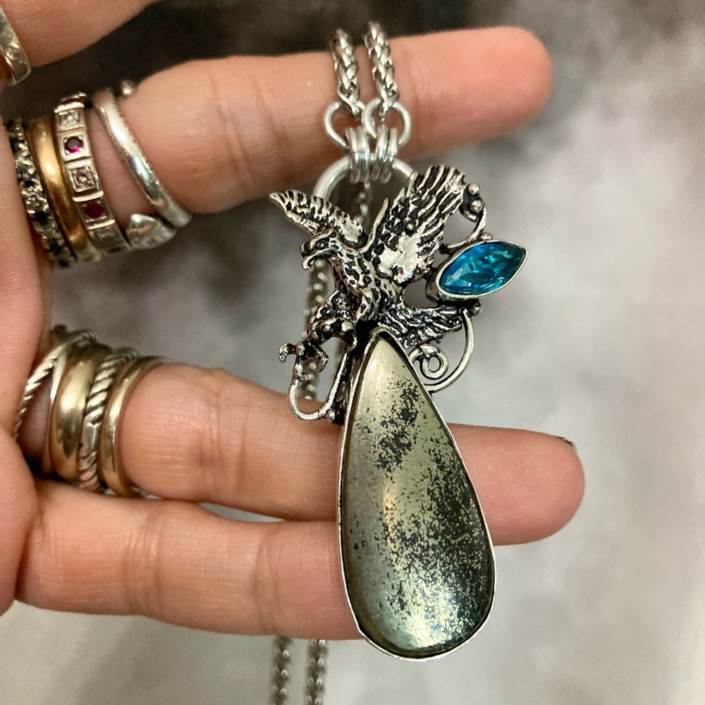 Blue topaz & golden black pyrite gemstone eagle charm boho necklace - Picture 5 of 16